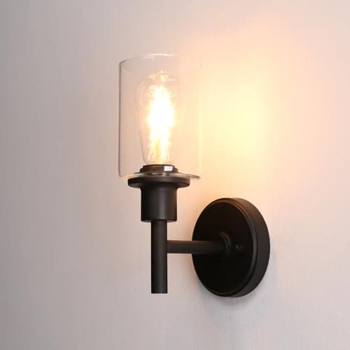 Image of Phansthy Retro Style Wall Lights Industrial Cylindrical Glass Lampshade Single Head Vintage Wall Sconces Indoor Light for Loft Bar Kitchen Lamp Bedroom Vanity Mirror E27 (Black)
