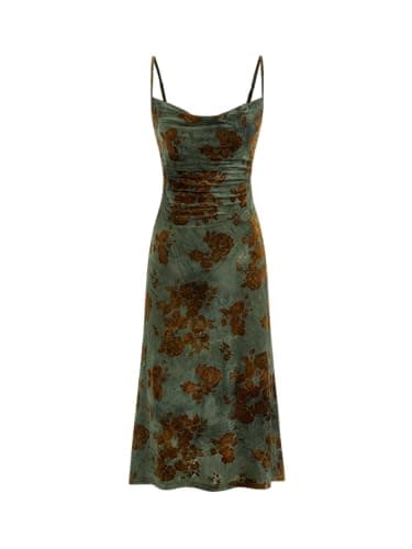 Image of CIDER Floral Print Velvet Dress Sleeveless Midi Slip Dress Green, Green, M