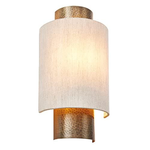 Image of National Lighting Zander Stylish Vintage Indoor Aged Bronze Effect Half Round Wall Light E14 LED Compatible Light Shade in Natural Fabric