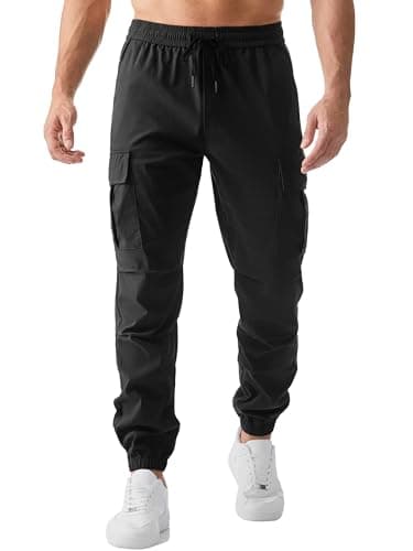Image of Elegancity Mens Cargo Work Combat Trousers Regular Fit Casual Jogging Pants Drawstring Sweatpants with Pockets (Black, 36)