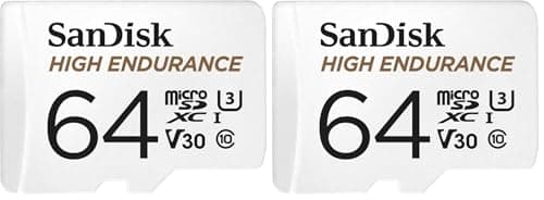 Image of SanDisk HIGH ENDURANCE Video Monitoring for Dashcams & Home Monitoring 64 GB microSDXC Memory Card + SD Adaptor, Up to 100 MB/s read and 40 MB/s Write, Class 10, U3, V30, White (Pack of 2)