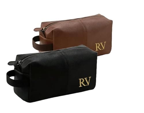 Image of Personalised Embroidered Men's Leather Wash Bag with Strap, Black or Brown, Leather Toiletry Bag Embroidered with Initials