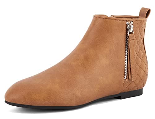 Image of MaxMuxun Women Shoes Casual Classic Zip Up Plaid Ankle Boots Camel PU Flat Round Toe Walking Boots Work Bootie 8 UK