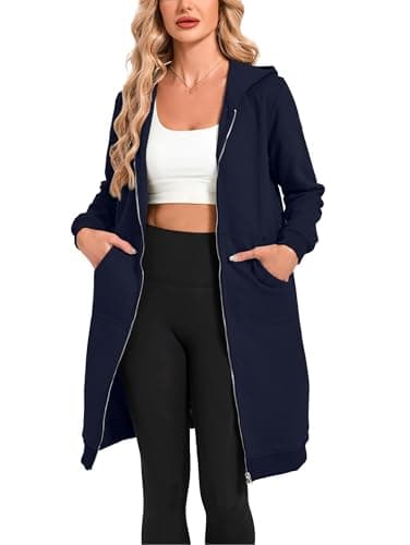 Image of Oyamiki Ladies Hoodies Winter Warm Comfortable Fleece Hoodie Knee Length Navy Blue Zip Up Long Sleeve Loose Hooded Jackets M