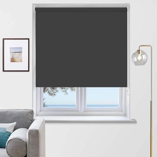 Image of Rehan & Co Thermal Insulated Blackout Fabric Roller Blinds, Easy Fit Child Safe Trimmable UV Protection Home Office Window Blinds, Grey Blind (90cm Width X 165cm drop)