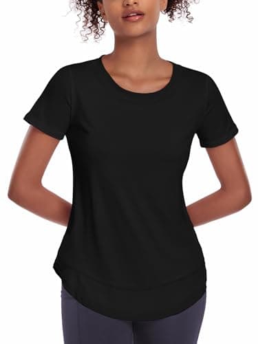 Image of Deaviya Women's Sports T-Shirt Gym Tops, Short Sleeve Workout Casual Running Tops, Ladies Gym Yoga Sports Top, Crew Neck Fitness T-Shirts for Women, Loose Side Split Tee,Pure Black XXL