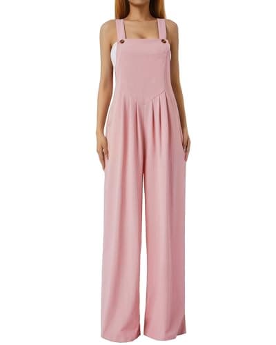 Image of SANSIWU Women's Suspender Wide Leg Jumpsuit Baggy Square Neck Sleeveless Playsuits Boho Retro Solid Workwear Wide Leg Pants with Pockets (A-Pink, S)