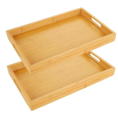 Image of GBACHOOSE 2 Pack Bamboo Tray, Wooden Tray with Handles, Rectangular Large Bamboo Serving Tray for Tea Coffee Snack(38 x 25 x 4cm)