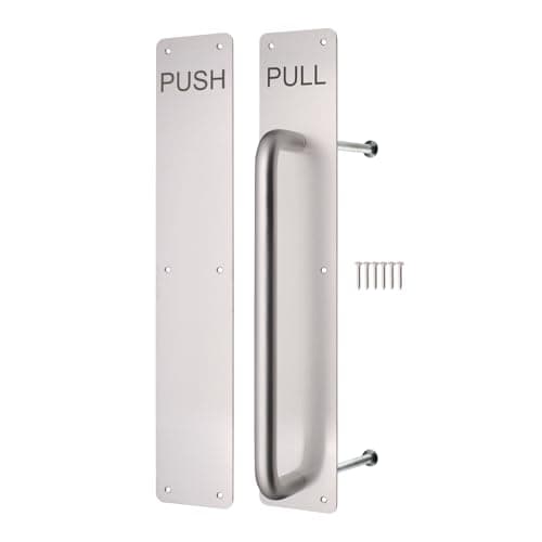 Image of EAI Satin Push Pull Handle on Plate, 475 x 75mm Commercial Handle on Finger Plate Satin Aluminium for Schools, Offices, Shops & More