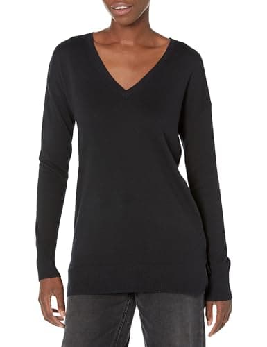 Image of Amazon Essentials Women's Regular Fit Lightweight Long-Sleeved V-Neck Tunic Jumper (Available in Plus Size), Black, S