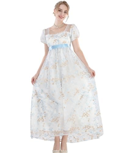 Image of CR ROLECOS Regency Dresses for Women Victorian Dresses Long Dress Tea Party Gown Floral Blue Dress XXL