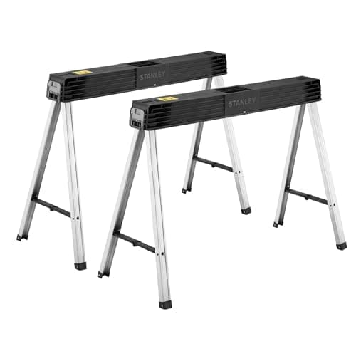 Image of STANLEY Folding Metal Sawhorse (Pair) - Portable and Durable Workbench Solution, Folding & Expandable Workstation, 1-97-475, Black/Aluminium