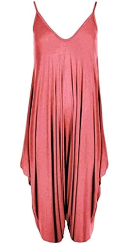 Image of Ladies Summer All In One Wear Italian Drape Relaxed Fit Baggy Playsuit Women’s Sleeveless Cami Strappy Neck Jumpsuit Italian Lagenlook Style Playsuit Jumpsuit (Coral UK 16-18)