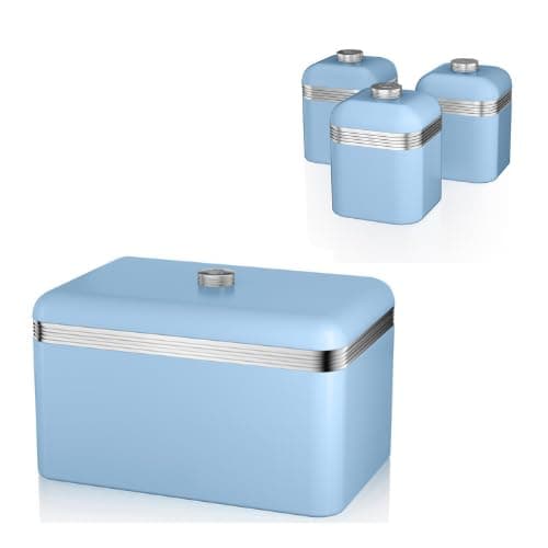 Image of Swan Retro Blue Bread Bin and Tea, Coffee, Sugar Canisters. Matching Retro Design Kitchen Storage Set in Blue