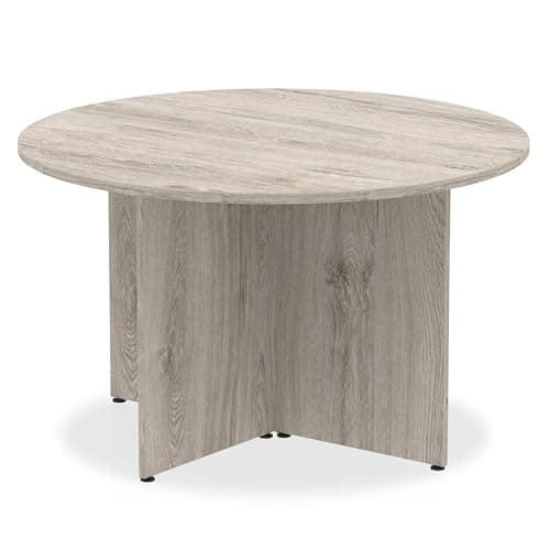 Image of OPO Impulse Freestanding 1000mm/1200mm Round Table Distinctive Arrowhead Leg | Sturdy Build Weather & Heat Resistant Melamine Finish Meeting Table Grey Oak 1200