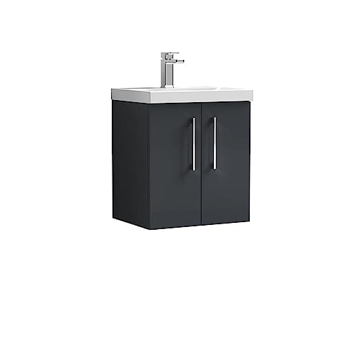Image of nuie ARN1421A Arno Modern Bathroom Wall Hung 2 Door Vanity Unit & Mid-Edge Ceramic Basin, 500mm, Soft Black
