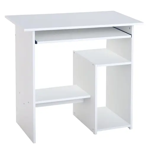 Image of HOMCOM Compact Small Computer Table Wooden Desk Keyboard Tray Storage Shelf Modern Corner Table Home Office White