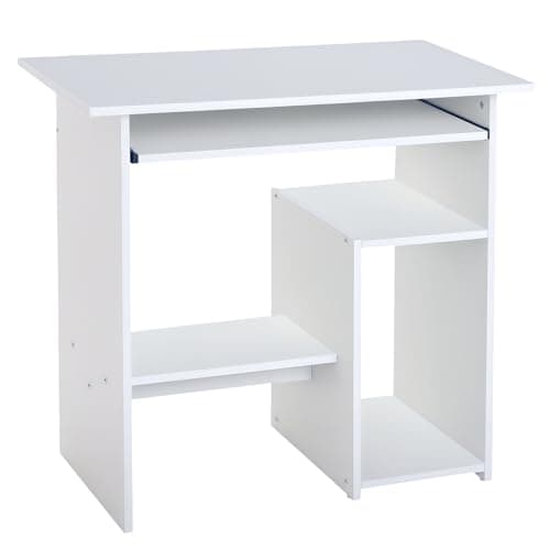 Image of HOMCOM Compact Small Computer Table Wooden Desk Keyboard Tray Storage Shelf Modern Corner Table Home Office White