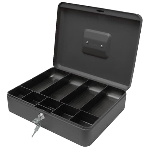 Image of Cathedral Products Key Lockable Cash Box with Lift Out 6 Compartment Coin Tray - 12 Inch - Black
