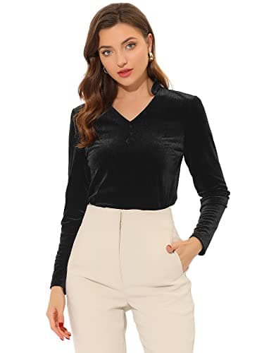 Image of Allegra K Women's Velvet Saree Blouse Long Sleeve V Mock Neck Casual Work Top Black S