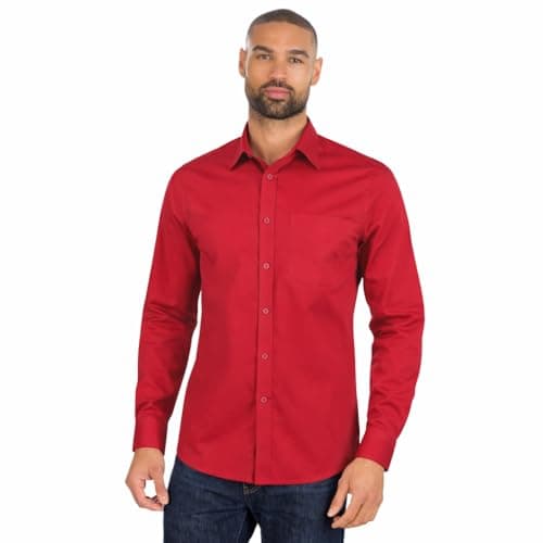 Image of Mens Long Sleeve Shirt Tailored Fit Easy Iron Collared Button Up Poplin Smart Casual Business Wedding Office Shirt (RED, 16)