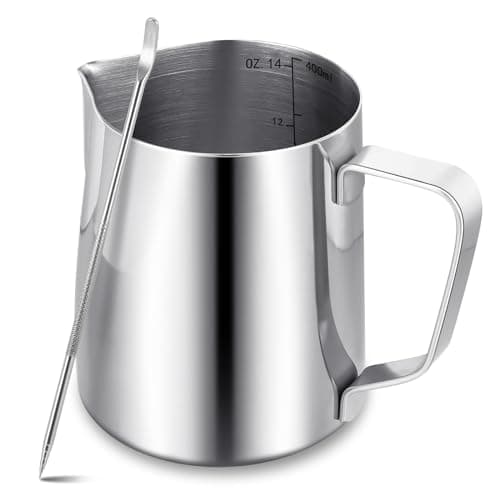 Image of Milk Frother Jug,400ml/14oz Milk Jug with Latte Decorating Art Pen,Metal Barista Milk Frothing Pitcher Cup for Coffee Machine(Silver)