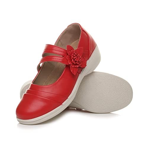 Image of AJVANI Flat Grip Sole Padded Mary Jane Hook&Loop Comfort Shoes Size 5 38 Red