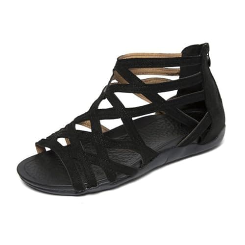 Image of Women's Wide Fit Gladiator Sandals Comfortable Flat Walking Sandals with Cross Straps & Ankle Strap Open Toe Summer Holiday Shoes Back Zip Design Hollow Out Detail for Outdoor Hiking Beach Black
