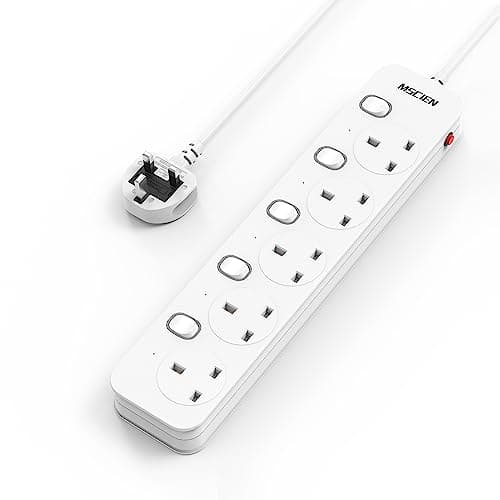 Image of Mscien Extension Lead 1M 5 Way Plug Sockets with Individual Switches, Overload/Surge Protection Wall Mountable Power Strip 1 metre Extension Cable 13A/3250W