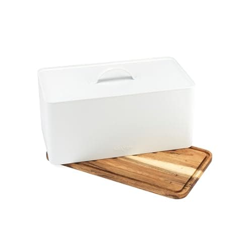 Image of Salter BW13564WEU7 Toronto Bread Bin With Chopping Board – Countertop Storage Box With Wooden Base for Cutting & Serving, Rectangular Bread Holder Container for Kitchen, Easy To Clean, Acacia, White