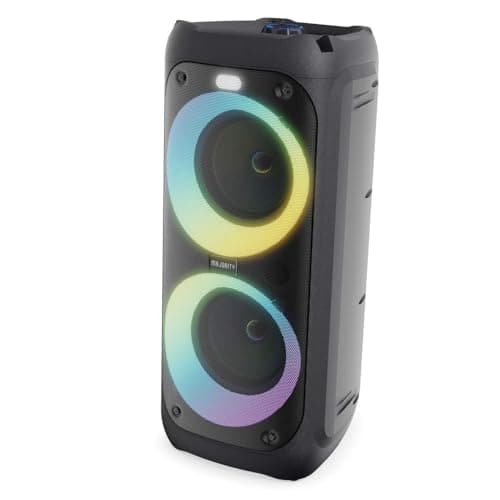 Image of Majority P200 Bluetooth Party Speaker, 100W, Portable, LED Party Lights, Karaoke Microphone, Black, 5.0 Bluetooth, 3.5mm RCA, Dual 4" Drivers