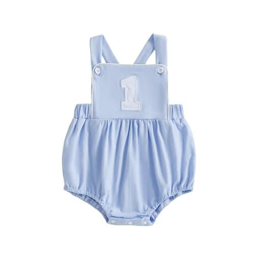 Image of Siyova Newborn Baby Boys Girls Birthday Romper Number Embroidery Sleeveless Square Collar Overalls Jumpsuit Infant First Birthday Summer Clothes (Blue, 6-12 Months)