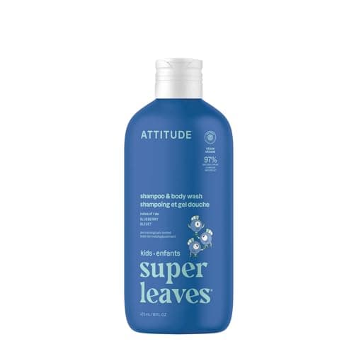 Image of ATTITUDE Shampoo and Body Wash for Kids, EWG Verified Hair and Body Cleanser, Dermatologically Tested Soap, Plant and Mineral Based Bath Products, Vegan, Blueberry, 473 mL