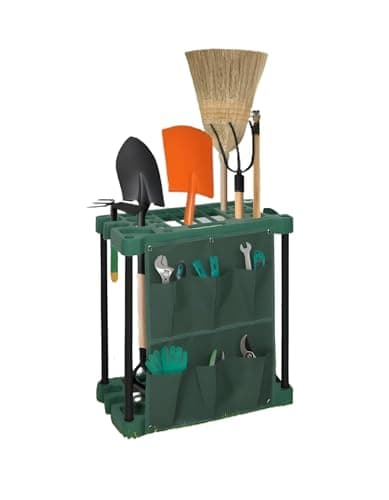 Image of 2 Tier Garden Tool Holder Heavy Duty Garden Tools Storage Multi Tool Portable Organiser Tidy with Bag for Sheds, Garages & Outdoors Caddy Freestanding Holder for Rakes, Shovels, Brooms 61 x 58 x 31cm