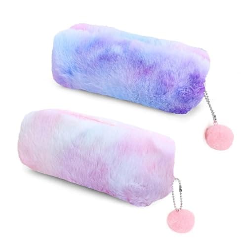 Image of 2 Plush Pencil Cases, Cute Rainbow Pencil Case, Soft Pencil Bag?Large Capacity Stationery Storage Bag, Girly Stationery Pen Case, Children Plush Pen Case (Pink, Purple)