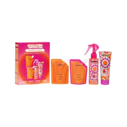 Image of amika nourishment-ality nourishing routine set - includes travel size normcore signature hair shampoo and conditioner + soulfood hair mask + full size the wizard silicone-free primer (4 pieces)