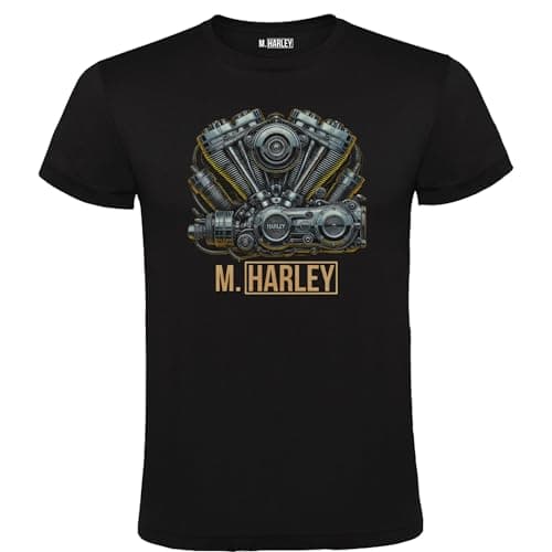 Image of M. HARLEY V-Twin Motor T-Shirt, Black, Mechanical Graphic Design, Motorcycle Style, Black/White, XL