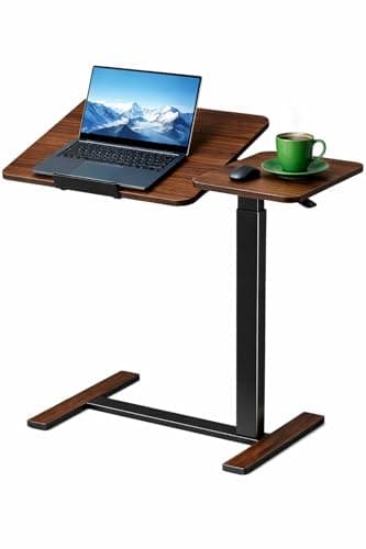 Image of Zanbeel Height Adjustable Overbed Table smooth pneumatic lift system split top design computer work, reading, writing, studying (Dark Walnut)