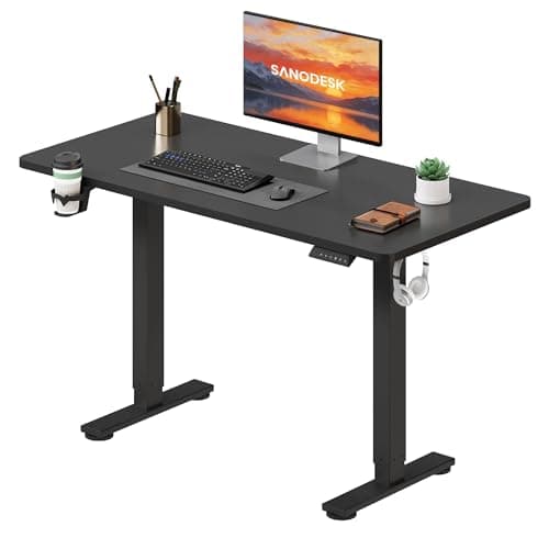 Image of SANODESK Electric Standing Desk ONE PIECE 110 * 54 Height Adjustable Desk With Memory Smart Panel Sit Stand Table With Hooks and Cupholder for Home Office(Black Frame+ Black Desktop