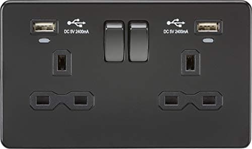 Image of 13A 2G Switched Socket, Dual USB (2.4A) with LED Charge Indicators - Matt Black