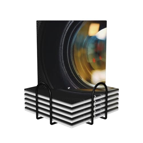 Image of Camera Lens Coasters For Drinks, Round Absorbent Ceramic Stone Coasters Set Of 6 With Holder For For Various Cups, Home Decor, 4 In Square