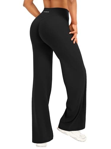 Image of YEOREO Women Straight Leggings Hidden Scrunch High Waist Gym Pants No Front Seam Wide Leg Yoga Pants Opaque Flared Leggings Sports Trousers Black M
