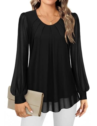 Image of Gemulate Chiffon Blouses for Women UK Plus Size Black Tops for Women UK Ladies Long Sleeve Tops Ladies Top for Wedding Guest - Black, XL