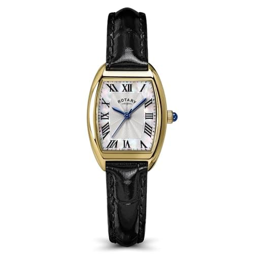 Image of Rotary Ladies Heritage Astoria Mother of Pearl Gold Plated Black Leather Strap Watch