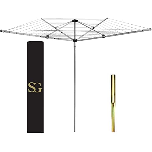 Image of SG Traders 4 Arm 50m Rotary Washing Line Outdoor, Heavy Duty Large Clothes Rotating Airer Dryer Garden use, Easy to Open and Close along with Ground Spike and Cover, Silver (50m)