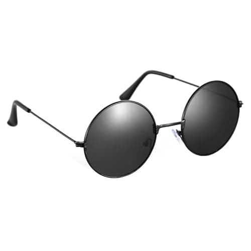 Image of Komonee Lennon Style Round Sunglasses – Black Flat Lens Glasses Retro Vintage Hippy Tea Shades for Men & Women, Steampunk Fashion Eyeglasses, UV400 Protection Eye Wear