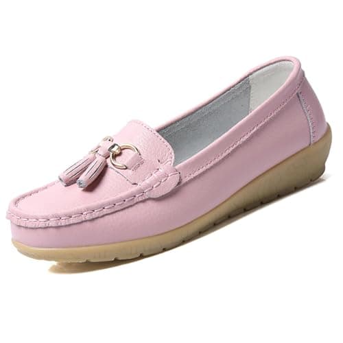 Image of Womens Loafers Soft Leather Casual Walking Penny Flats Boat Moccasins Non-Slip Outdoor Driving Shoes for Ladies Comfortable Office Fashion Classic Lightweight Breathable Shoes(Pink,6 UK)