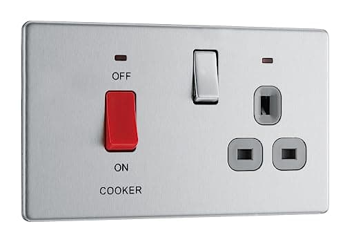 Image of BG Electrical Cooker Switch with Socket and LED, Cooker Control Unit, Control Socket, Double Pole, Screwless Front Plate, Slim Profile, Premium Flatplate, Brushed Steel, Grey Inserts, 45A, FBS70G