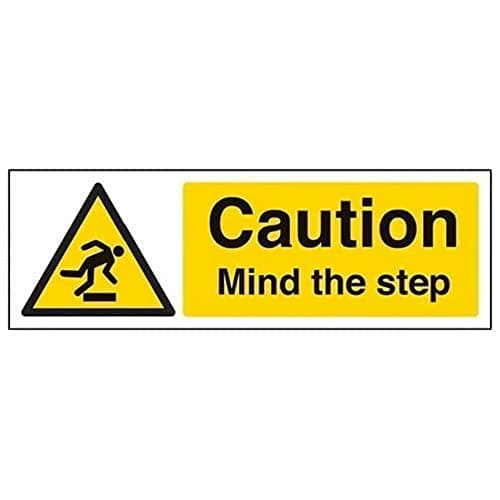 Image of V Safety Caution Mind The Step Warning Sign - 300mm x 100mm - Self Adhesive Vinyl