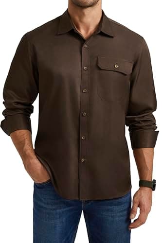 Image of Enlision Mens Shirts Long Sleeve Smart Casual Button Down Brown Shirt for Work with Pocket 3XL